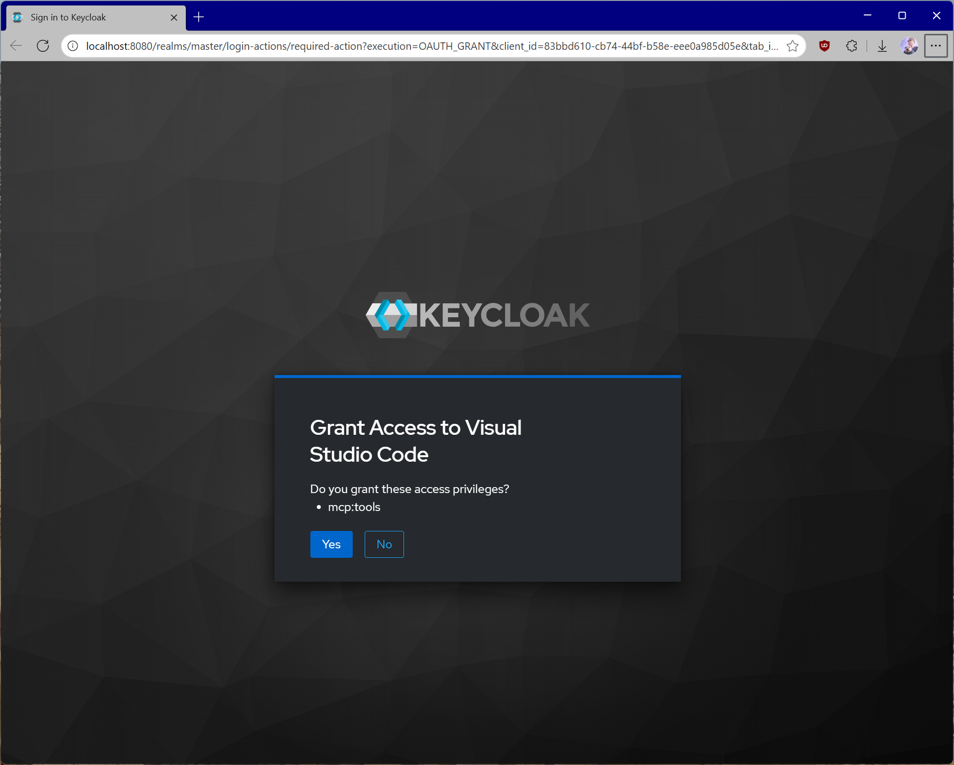 Keycloak consent form for VS Code.
